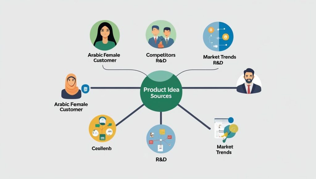Mindmap of product idea sources – customers, competitors, R&D, market trends.
