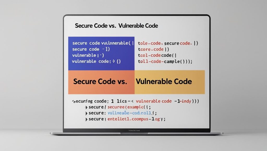 Graphic comparing “Secure Code vs Vulnerable Code” using real examples.