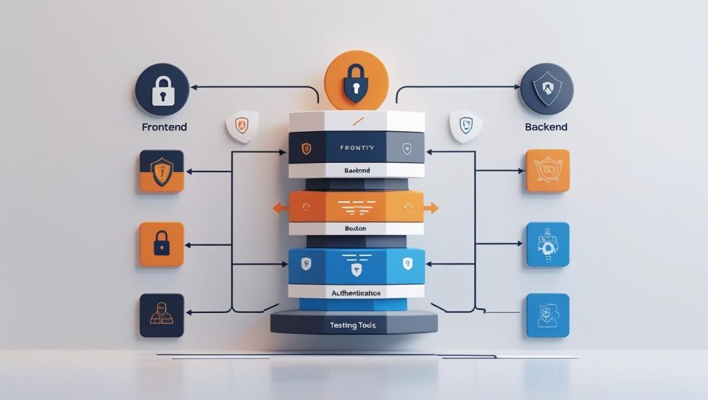 Infographic showing the web security stack (Frontend → Backend → Authentication → Testing Tools).