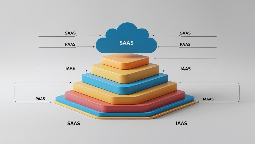 SaaS, PaaS, and IaaS (illustrate the cloud stack model).