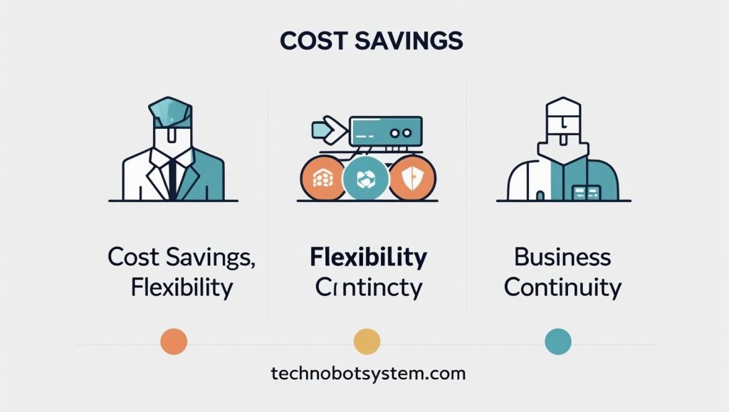 Infographic showing cost savings, flexibility, and business continuity side-by-side with icons.