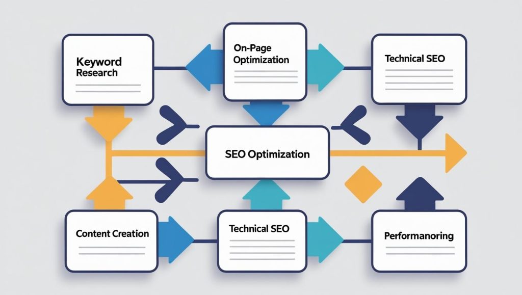 “SEO Optimization Flowchart” – Design a flowchart showing keyword research > on-page > technical > content > performance check.