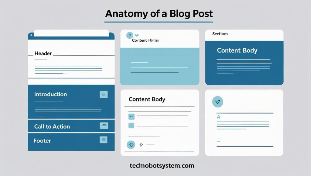 “Blog Post Anatomy” – Header, intro, content body, CTA, and footer sections labeled.