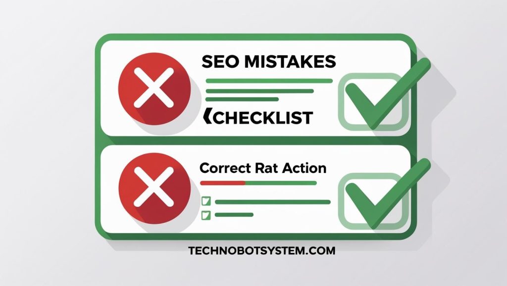 “SEO Mistakes Checklist” with red ‘X’ marks and green checkmarks.