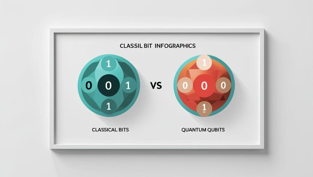 Side-by-side infographic comparing classical bits vs. quantum qubits.