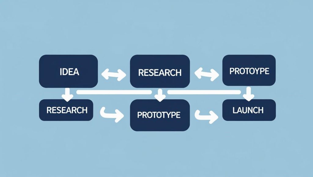 A flowchart showing "Idea → Research → Prototype → Launch" steps.